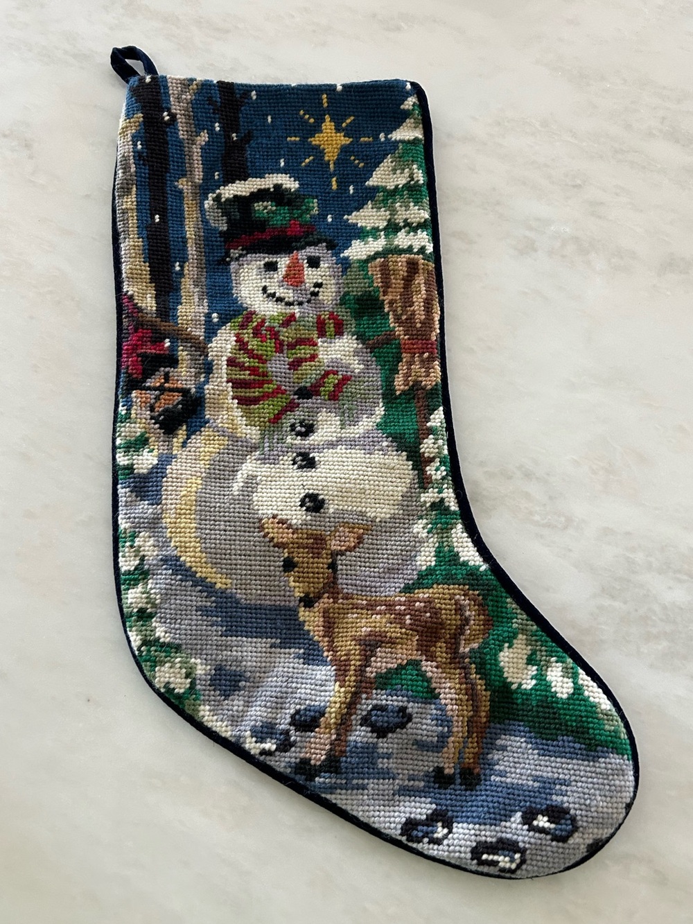 Vintage Snowman Crewel Needlepoint Christmas Stocking Navy Velvet Back Handmade